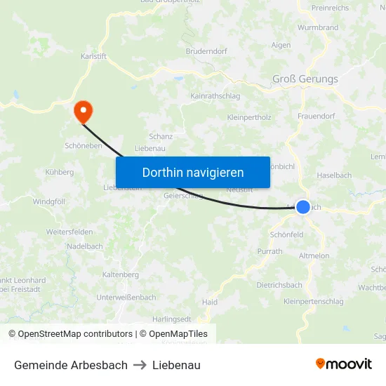 Gemeinde Arbesbach to Liebenau map