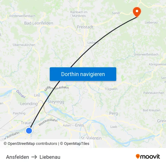 Ansfelden to Liebenau map