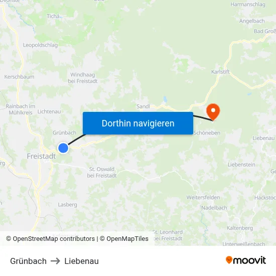 Grünbach to Liebenau map