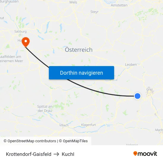 Krottendorf-Gaisfeld to Kuchl map