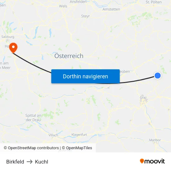 Birkfeld to Kuchl map