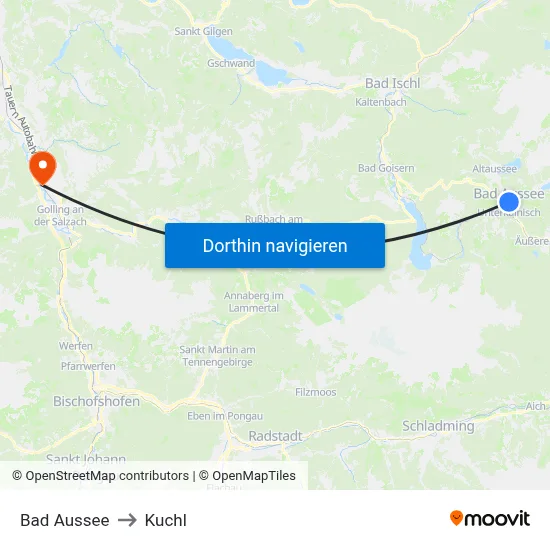 Bad Aussee to Kuchl map