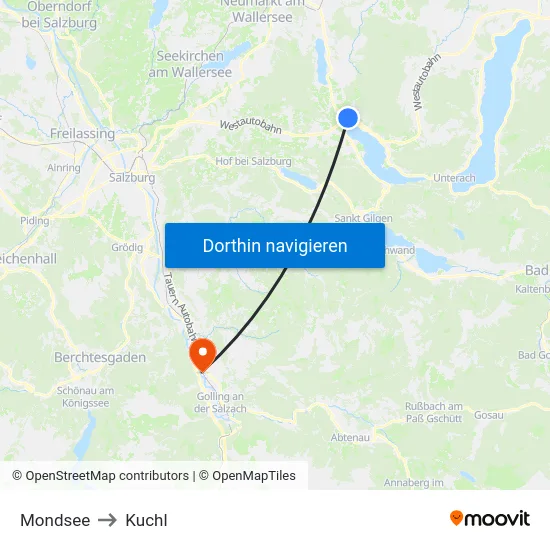 Mondsee to Kuchl map