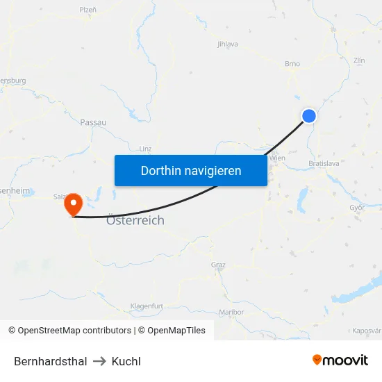 Bernhardsthal to Kuchl map