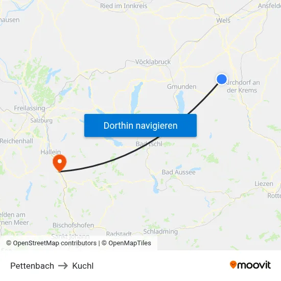 Pettenbach to Kuchl map