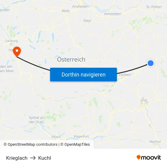 Krieglach to Kuchl map