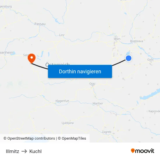 Illmitz to Kuchl map