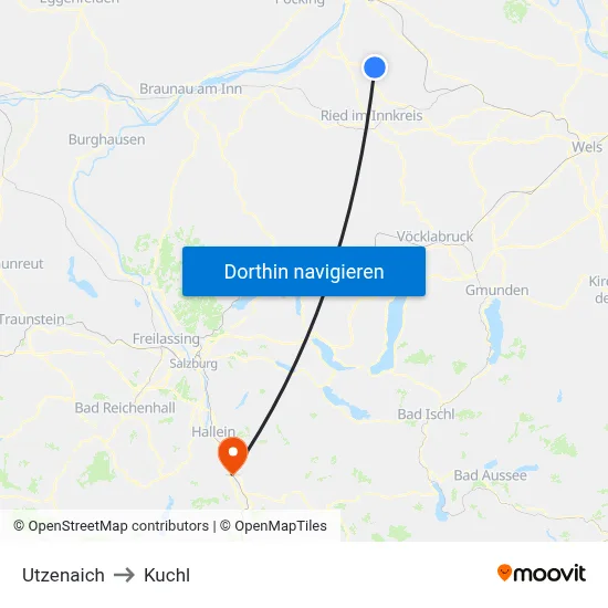 Utzenaich to Kuchl map
