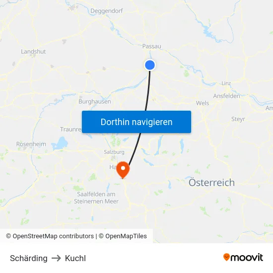 Schärding to Kuchl map