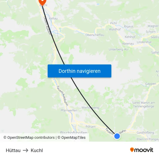 Hüttau to Kuchl map