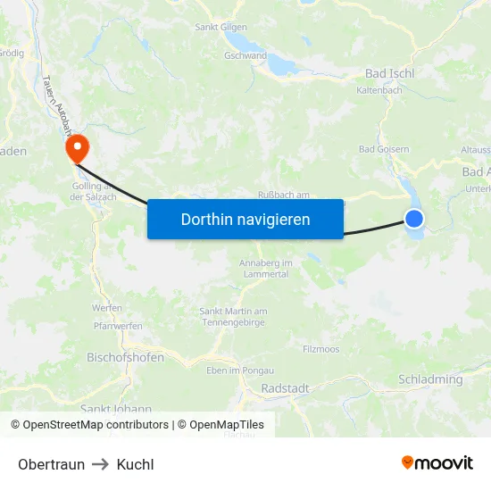 Obertraun to Kuchl map