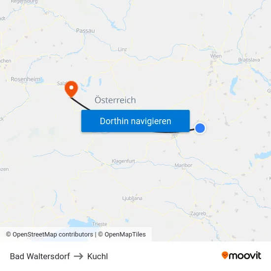 Bad Waltersdorf to Kuchl map