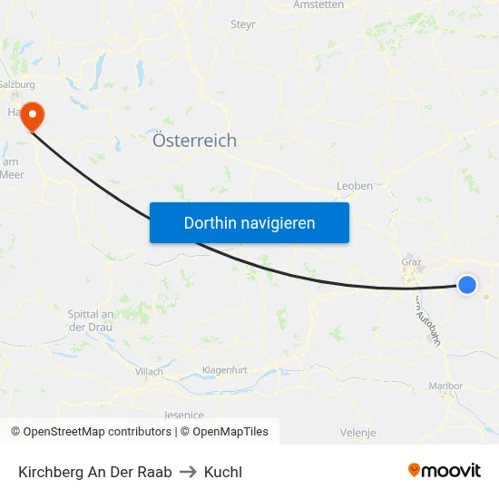 Kirchberg An Der Raab to Kuchl map