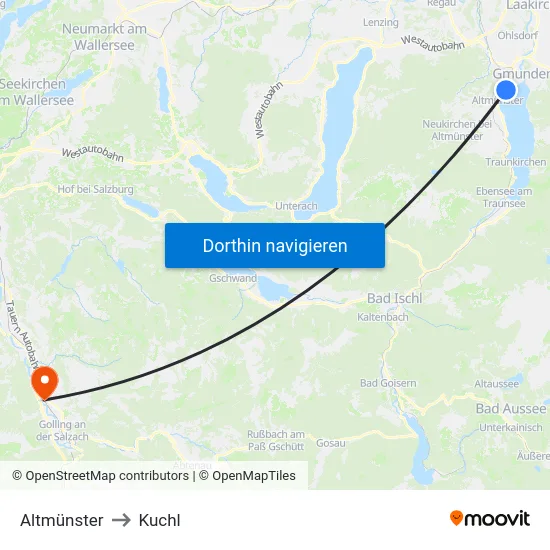 Altmünster to Kuchl map