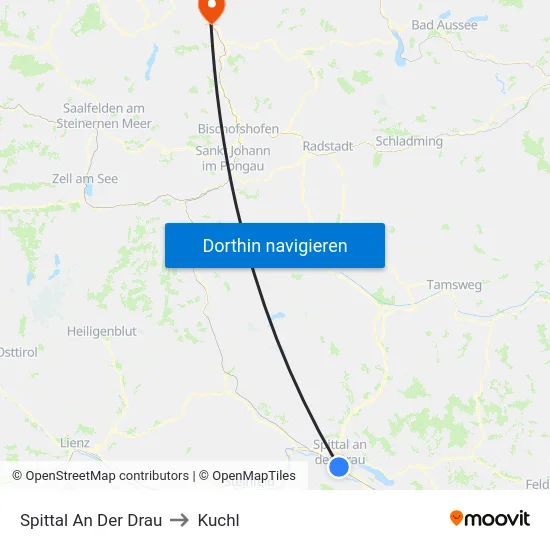 Spittal An Der Drau to Kuchl map