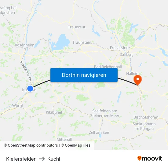 Kiefersfelden to Kuchl map