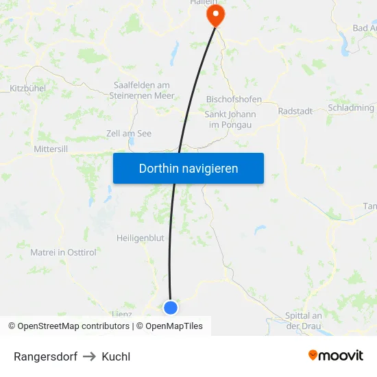 Rangersdorf to Kuchl map