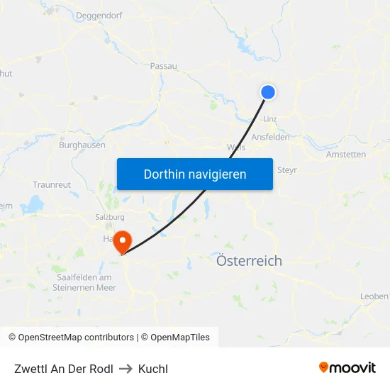 Zwettl An Der Rodl to Kuchl map