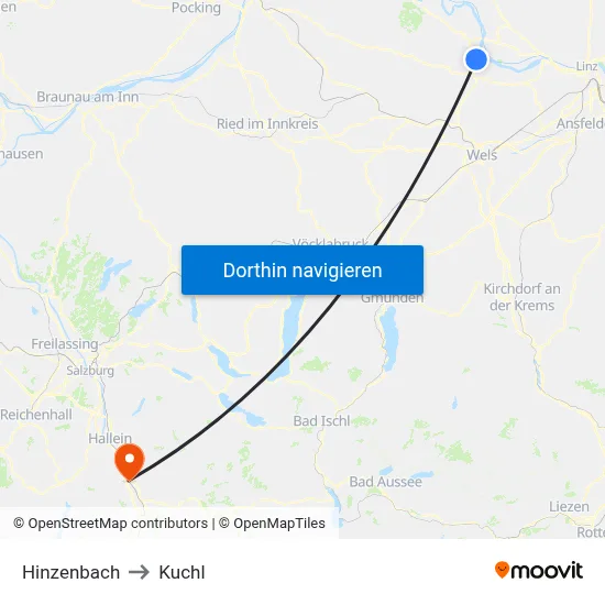 Hinzenbach to Kuchl map