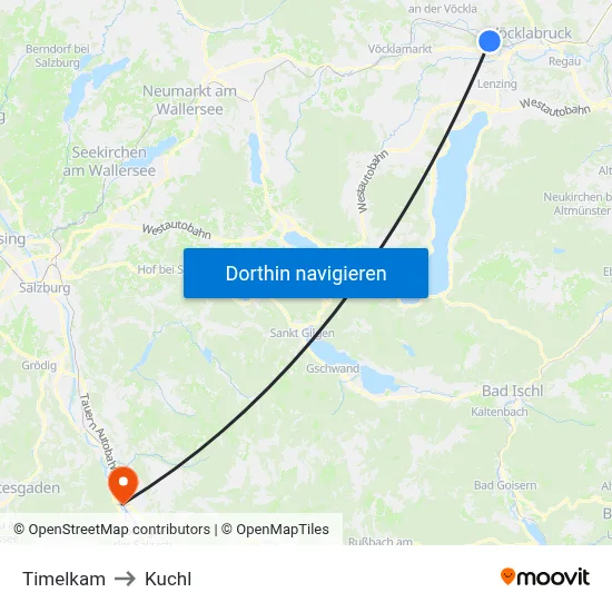 Timelkam to Kuchl map