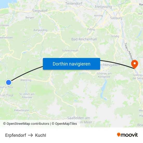 Erpfendorf to Kuchl map