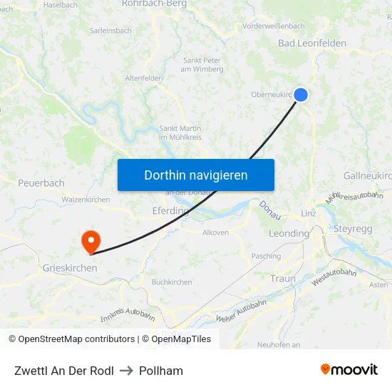 Zwettl An Der Rodl to Pollham map