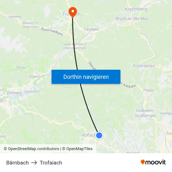 Bärnbach to Trofaiach map