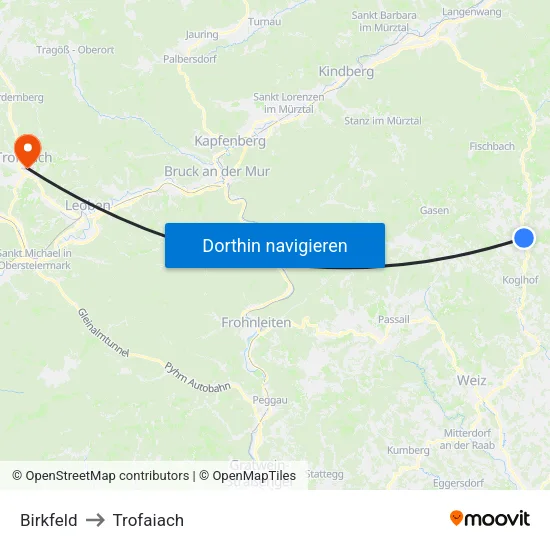 Birkfeld to Trofaiach map