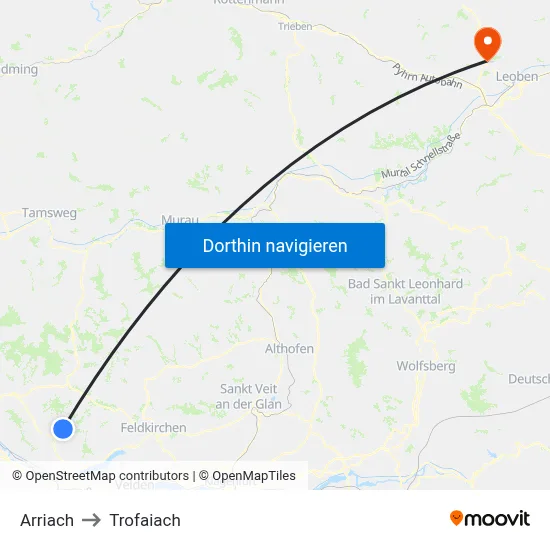 Arriach to Trofaiach map