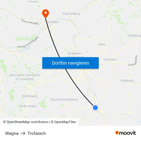 Wagna to Trofaiach map