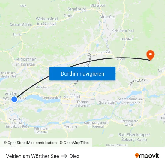 Velden am Wörther See to Diex map