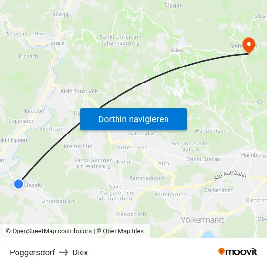 Poggersdorf to Diex map