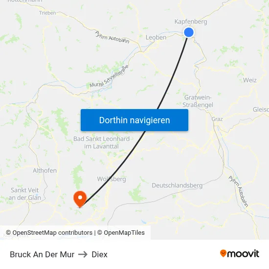 Bruck An Der Mur to Diex map