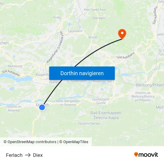 Ferlach to Diex map
