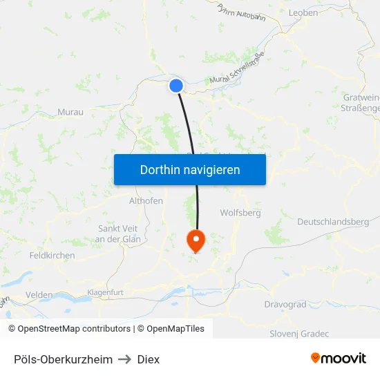 Pöls-Oberkurzheim to Diex map
