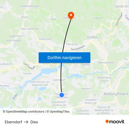 Eberndorf to Diex map