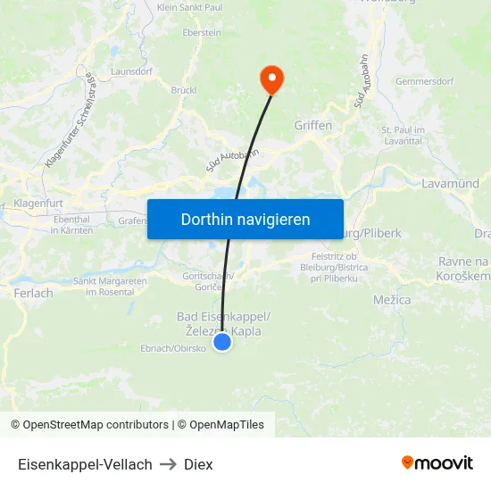Eisenkappel-Vellach to Diex map