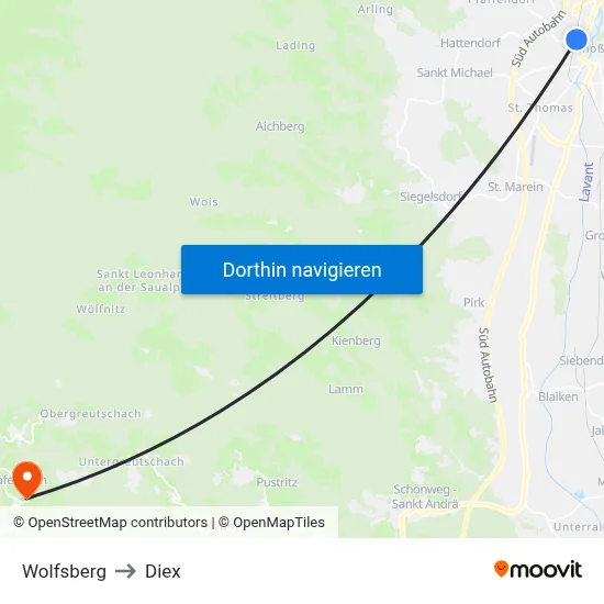 Wolfsberg to Diex map