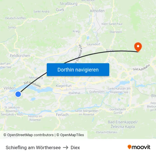 Schiefling am Wörthersee to Diex map