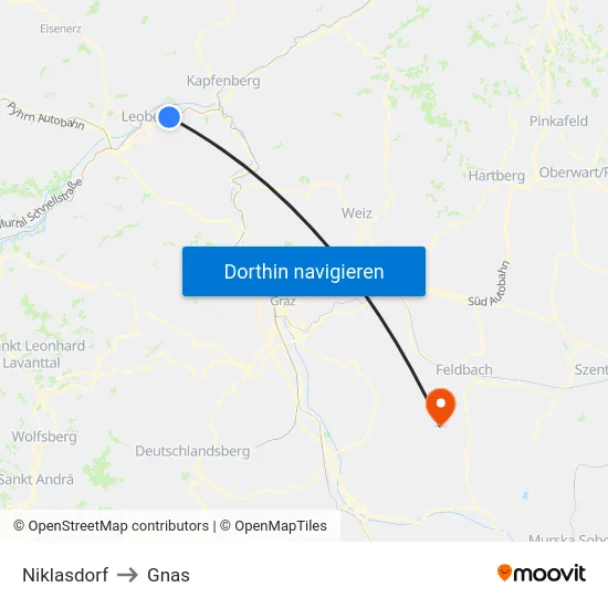 Niklasdorf to Gnas map