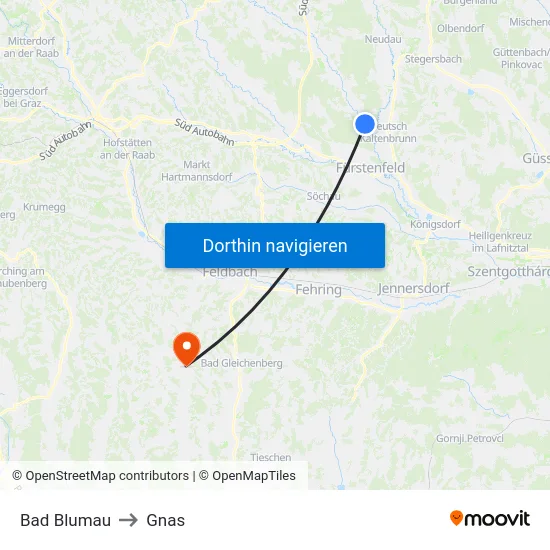 Bad Blumau to Gnas map