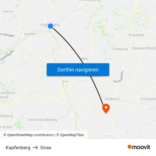 Kapfenberg to Gnas map