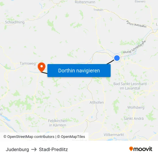 Judenburg to Stadl-Predlitz map