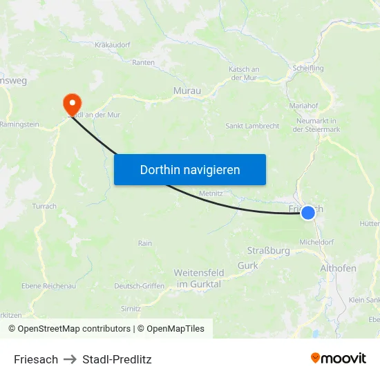 Friesach to Stadl-Predlitz map