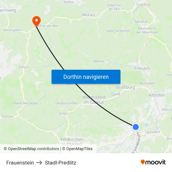 Frauenstein to Stadl-Predlitz map