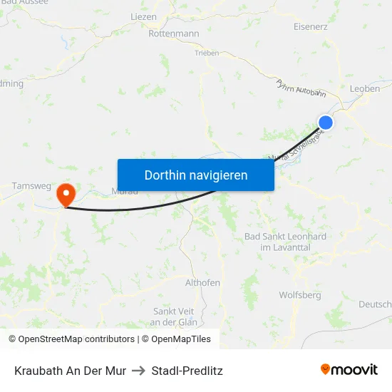 Kraubath An Der Mur to Stadl-Predlitz map