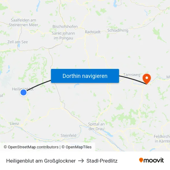 Heiligenblut am Großglockner to Stadl-Predlitz map