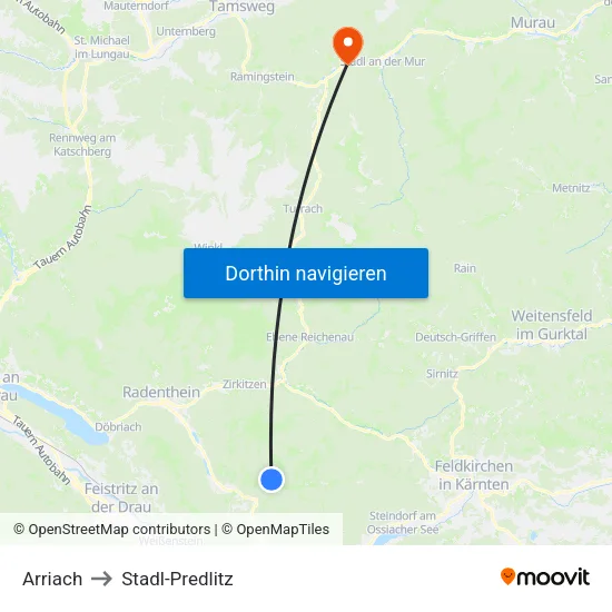 Arriach to Stadl-Predlitz map