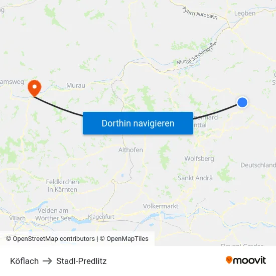Köflach to Stadl-Predlitz map