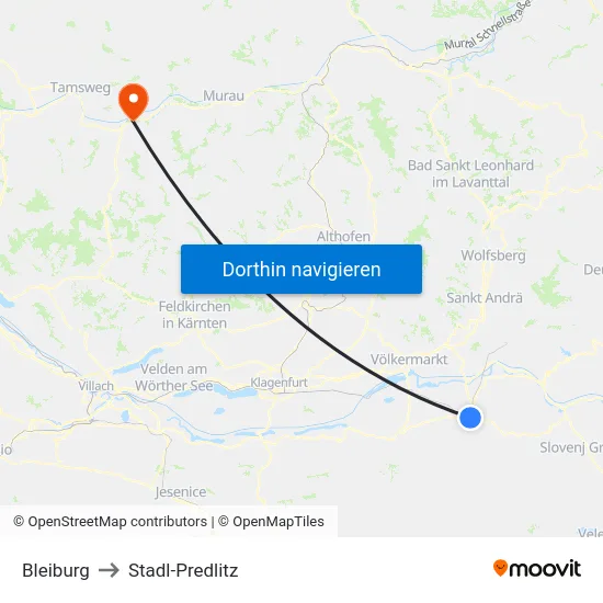 Bleiburg to Stadl-Predlitz map
